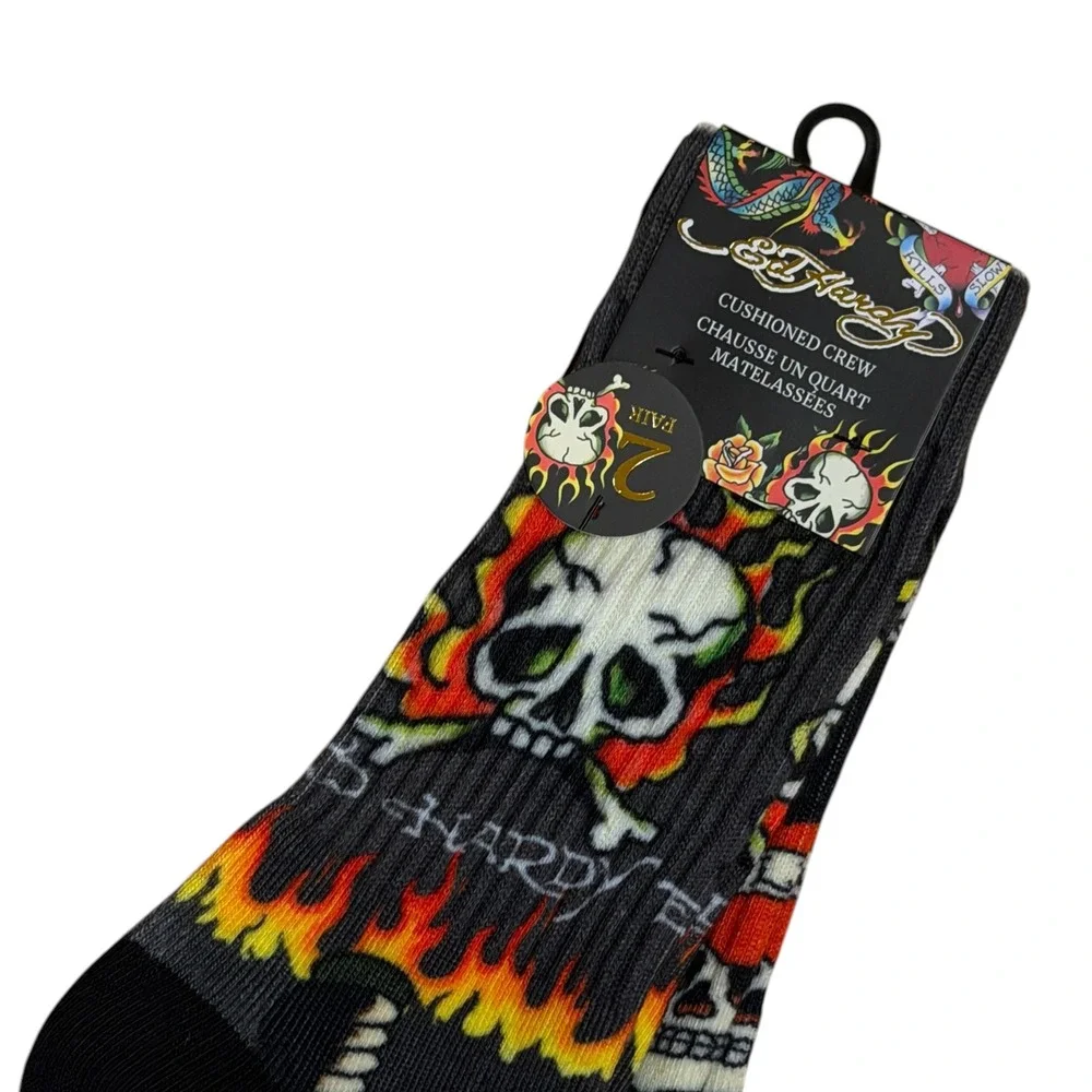 Ed‎ Hardy Crew Socks Men One Size Black New 2 Pair Skull Flame Tattoo Graphic